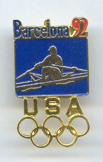 pin usa 1992 og barcelona sculler on blue background with barcelona 92 on top and golden usa with olympic rings underneath