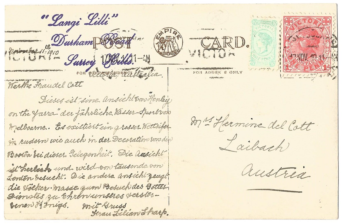 PC AUS 1910 Melbourne Australian Henley Regatta on the Yarra river PU 1910 reverse