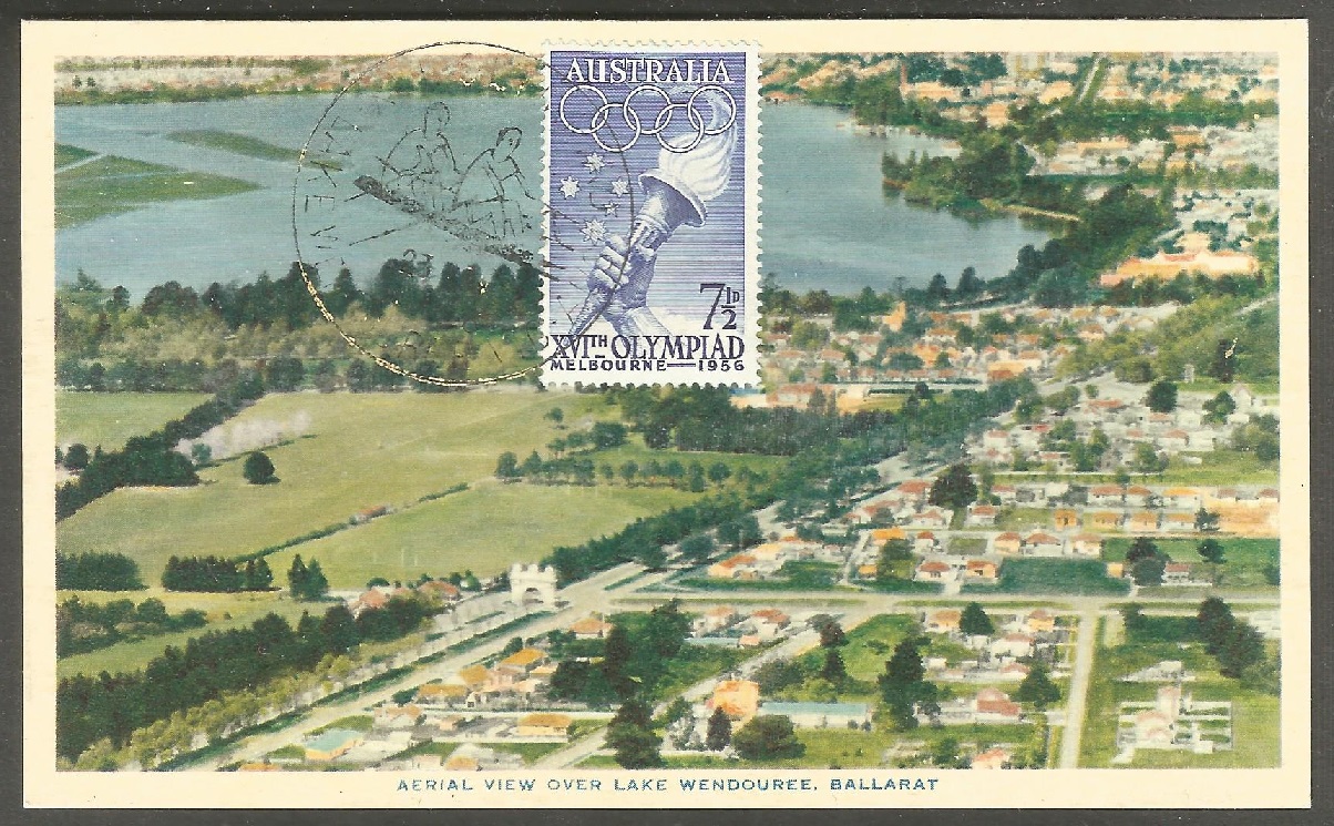 pc aus 1956 og melbourne aerial view over lake wendouree ballarat olympic rowing and canoeing regatta course with pm nov. 23rd lake wendouree
