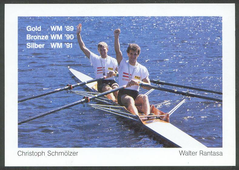 pc aut lm2x christoph schmoelzer walter rantasa aut gold medal winners wrc bled 1989
