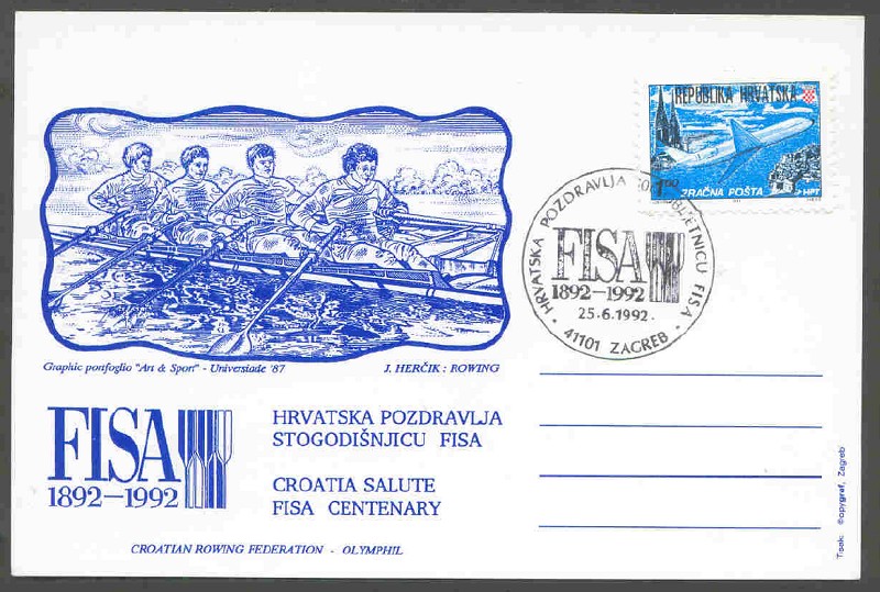 pc cro 1992 fisa centenary blue drawing of 4x with pm zagreb june 25th fisa 1892 1992
