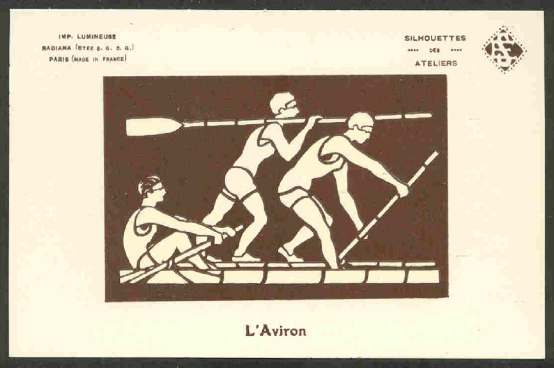 PC FRA 1924 LAviron OG Paris Silhouettes of three rowers embarking fluorescent effect