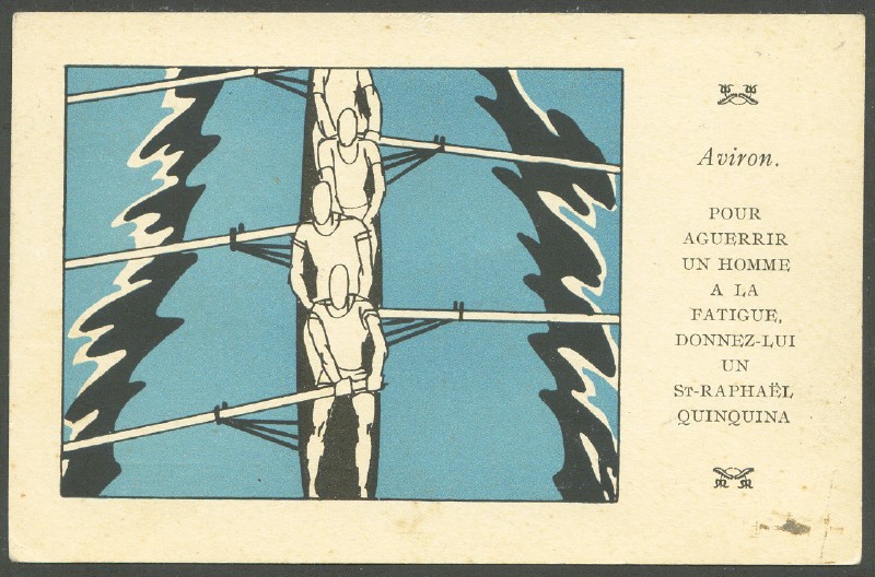 pc fra 1924 og paris st raphael quinquina aviron drawing of sweep oar crew on blue water 