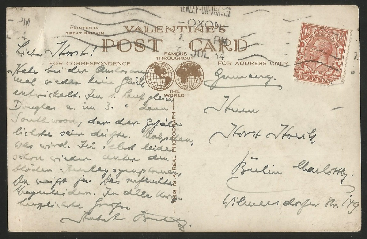 PC GBR 1933 written and signed by Herbert Buhtz GER winner of the Diamond Sculls 1932 1934 PU Henley July 3rd 1934