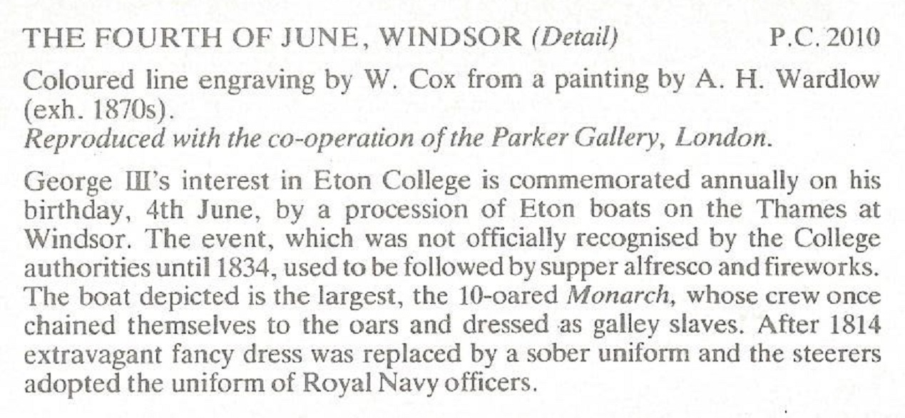 pc gbr 2010 the fourth of june windsor detail coloured line engraving by w. cox from a painting by a. h. wardlow explanation on reverse
