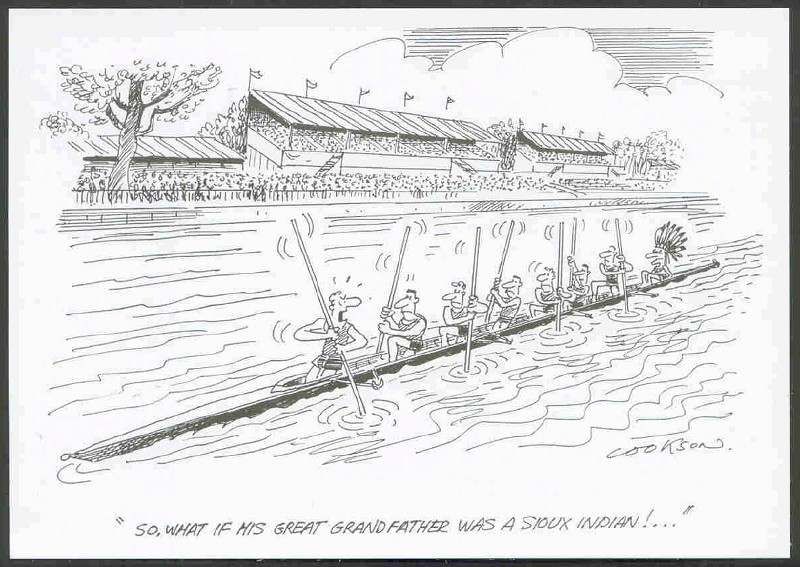 pc gbr henley rowing cartoons by b. cookson cox disguised as indian has ordered his 8 crew to use oars as paddles 