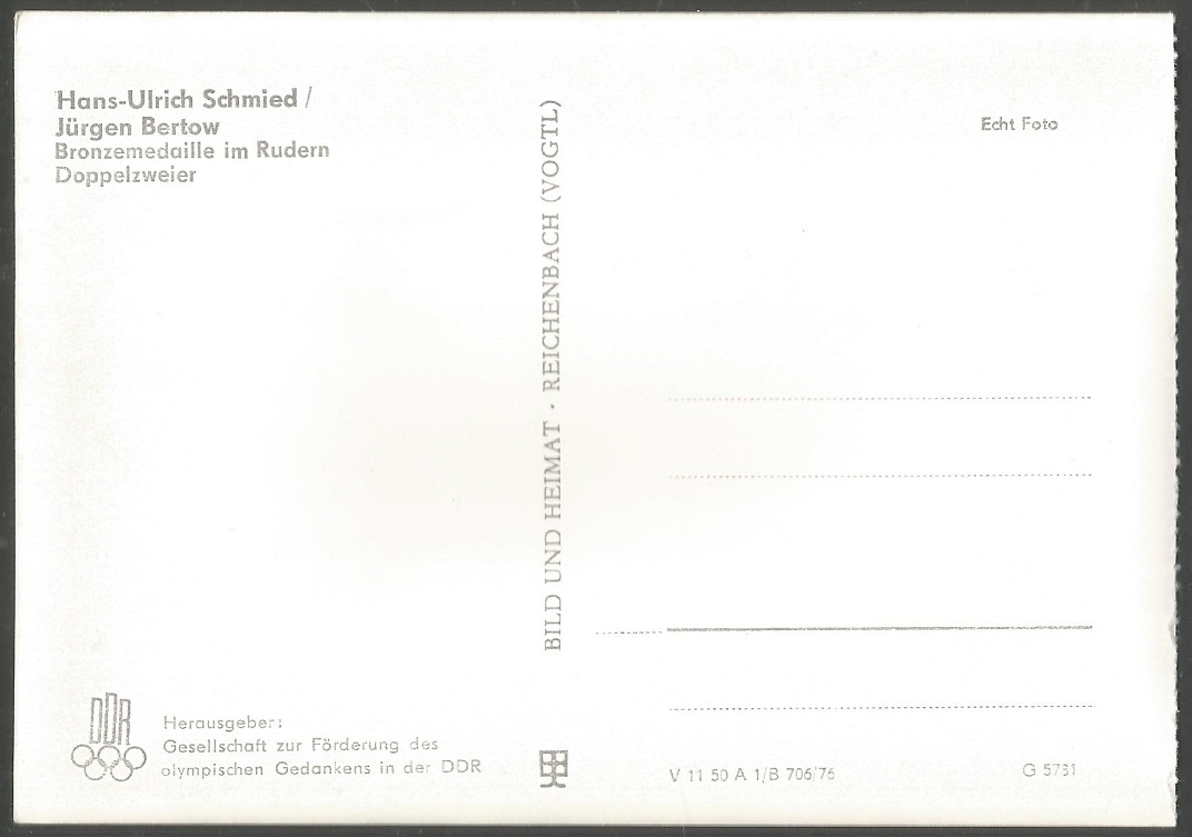PC GDR 1976 OG Montreal M2X bronze medal winners Hans Ulrich Schmied Juergen Bertow GDR reverse