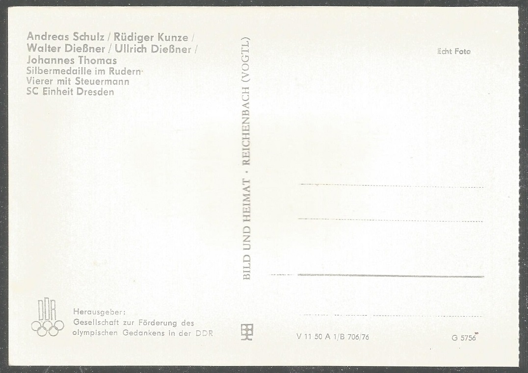 PC GDR 1976 OG Montreal M4 silver medal winners Andreas Schulz Rüdiger Kunze Walter Ullrich Diessner cox Johannes Thomas GDR SC Einheit Dresden reverse