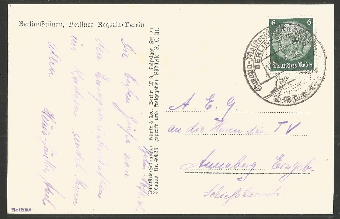 PC GER Berlin Gruenau Klinke No. 12103 PU 1935 aeriel view of regatta course reverse