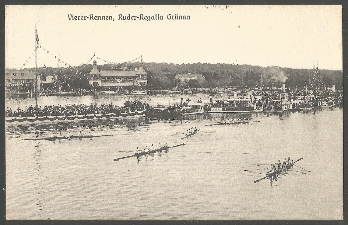 PC GER Berlin Gruenau regatta Coxed fours after their race behind the finish line PU 1914