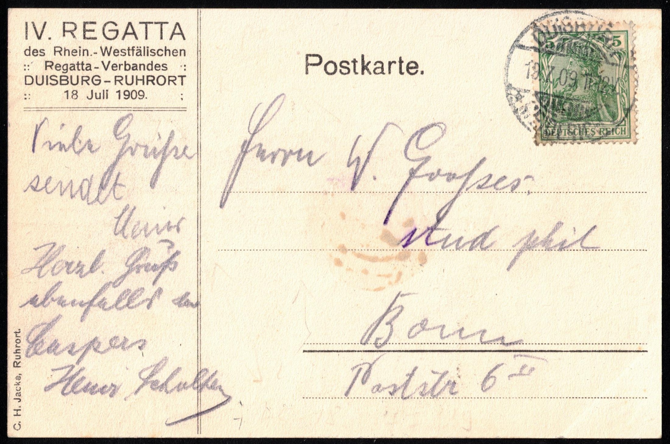 PC GER Duisburg Ruhrort Regatta 1909 organized by Rheinisch Westfaelischer Regatta Verband reverse