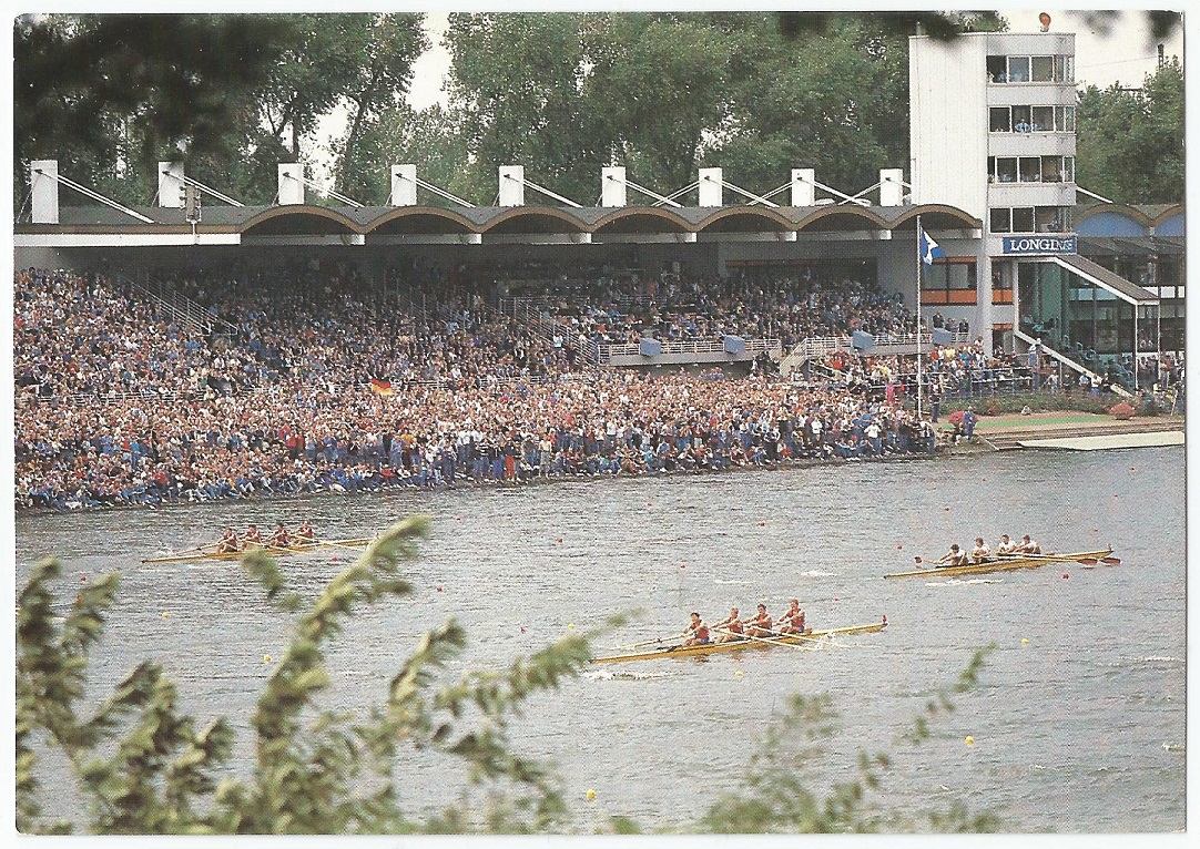 PC GER Duisburg regatta with grandstand and M4 race advancing finish line