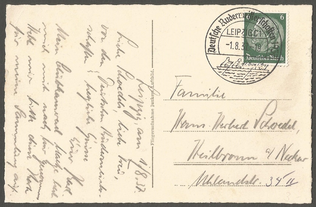 PC GER Leipzig regatta course Hochflutbecken reverse with PM 1937 and corresponding text