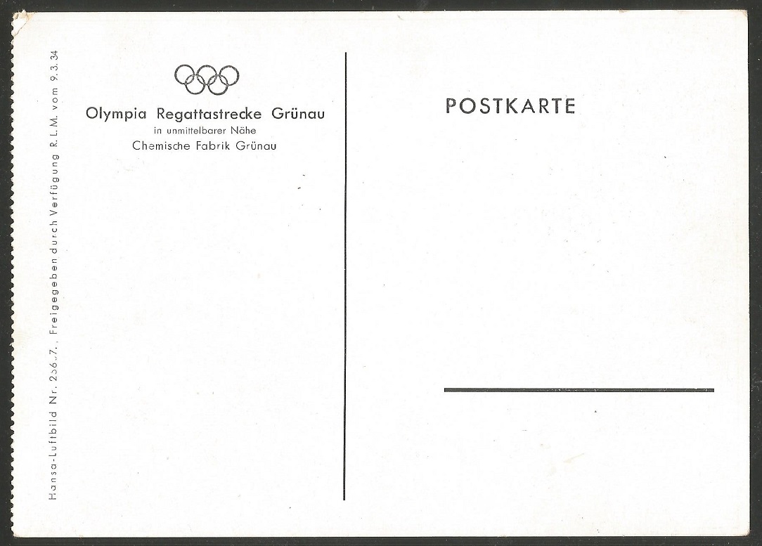 PC GER Olympia regatta course Berlin Gruenau birds eye view 1934 reverse