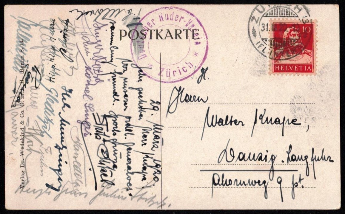 PC GER cartoon with drawing of single sculler in danger of capsizing Verlag Dr. Wedekid Co. PU in SUI 1920 reverse