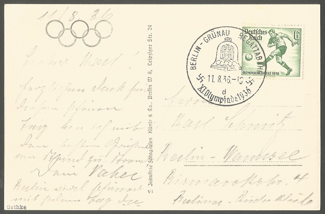 pc ger 1936 berlin gruenau regatta course finish area klinke b 394 pu with pm berlin gruenau regattabahn 1936 aug. 11th reverse