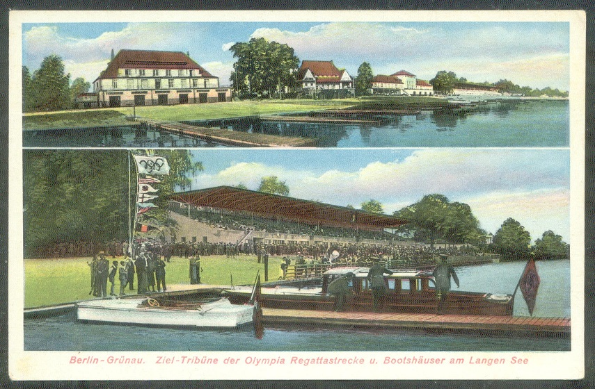 pc ger 1936 og berlin meyerheim no. 1304 boathouses and grandstand at finish area of the olympic regatta course
