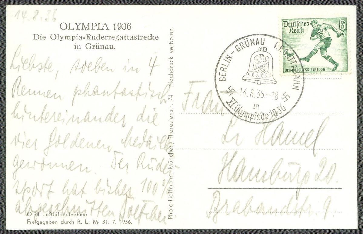 pc ger berlin gruenau 1936 regatta course photo hoffmann no. o 34 with pm berlin gruenau regattabahn letter m aug. 14th day of finals reverse