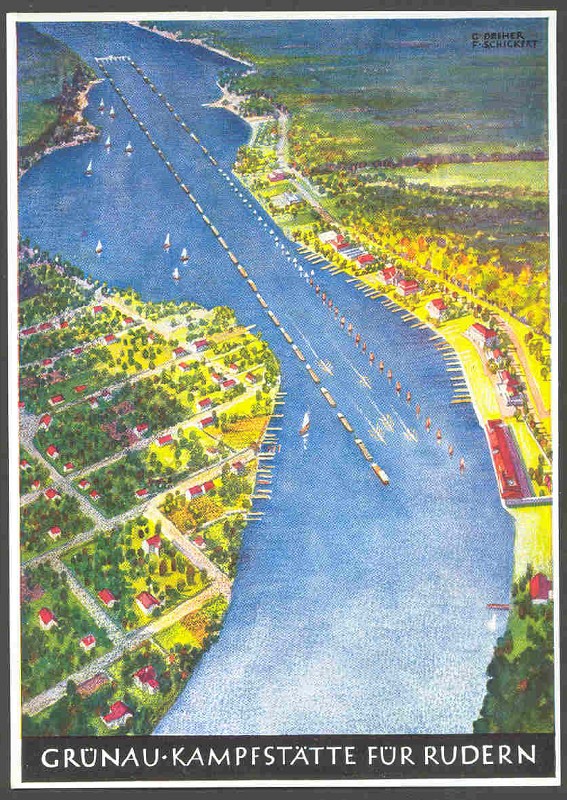 pc ger berlin og 1936 gruenau kampfstaette fuer rudern birds eye view of regatta course coloured drawing 