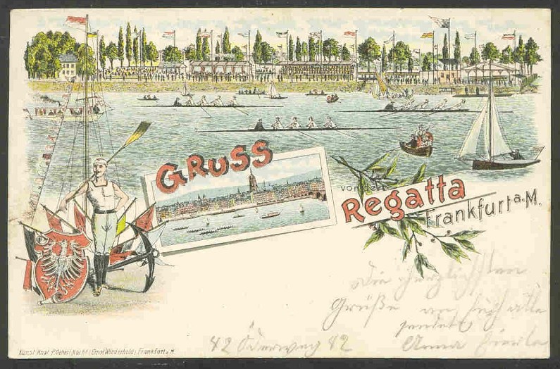 pc ger frankfurt gruss von der regatta litho 1897 drawing of 4 race 
