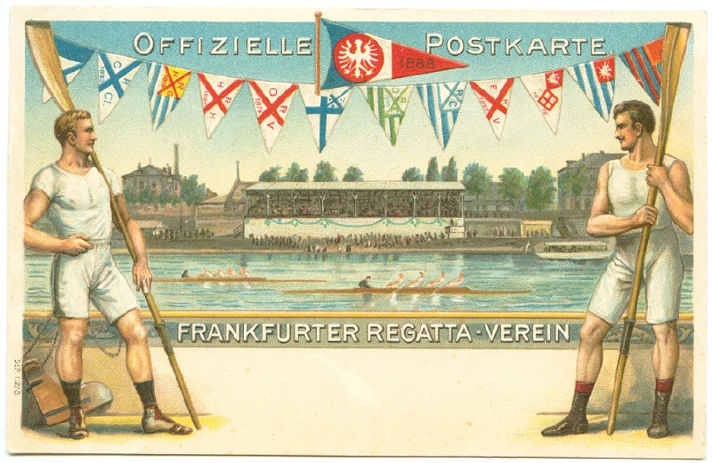 pc ger frankfurter regatta verein litho two rowers parading with oars line of club flags two 4 crossing finish line with grandstand in backgound 