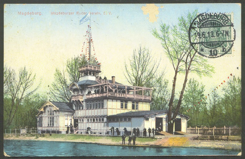 pc ger magdeburger rv pu 1913 coloured photo of boathouse