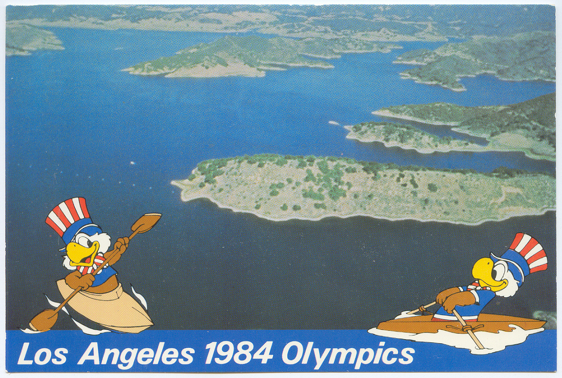 PC USA 1984 OG Los Angeles Aerial view of regatta course area canoeing and rowing mascot Sam 