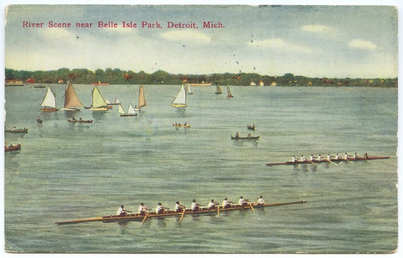 pc usa river scene near belle isle park detroit pu 1911 two 8 racing 