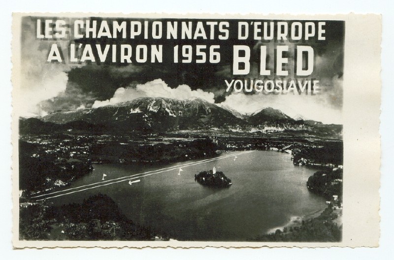 pc yug 1956 erc bled b w photo of lake and surrounding mountains with marking of regatta course 