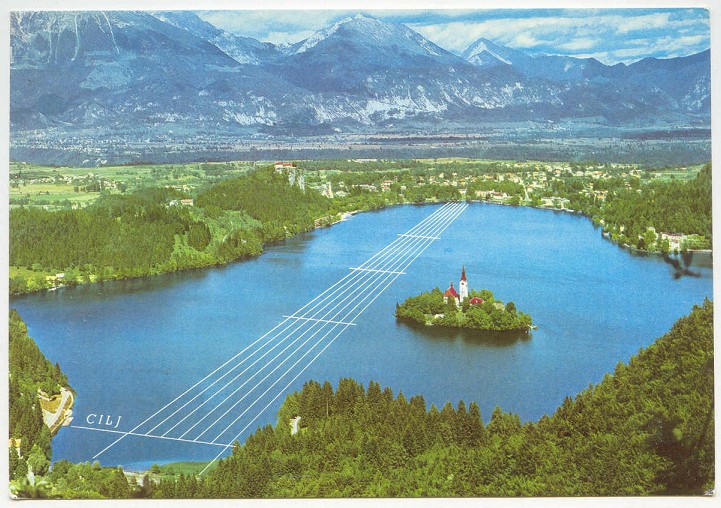 pc yug 1966 wrc bled photo of lake with map of regatta course drawn in 