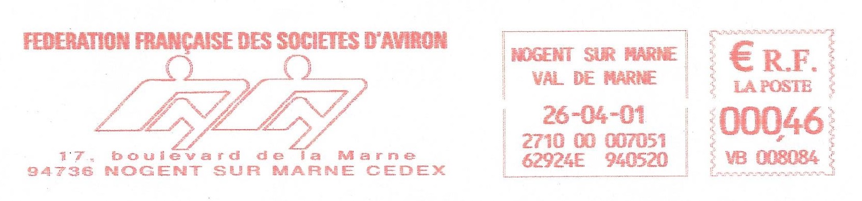 PM FRA 2001 Federation Francaise des Sociétes dAviron Red meter mark with pictogram