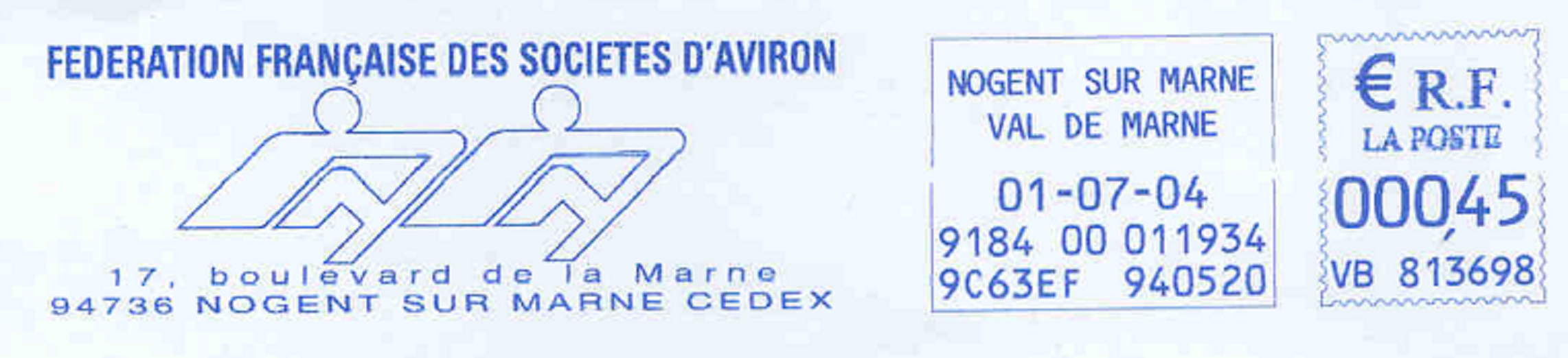 PM FRA 2004 Federation Francaise des Sociétes dAviron Blue meter mark with pictogram