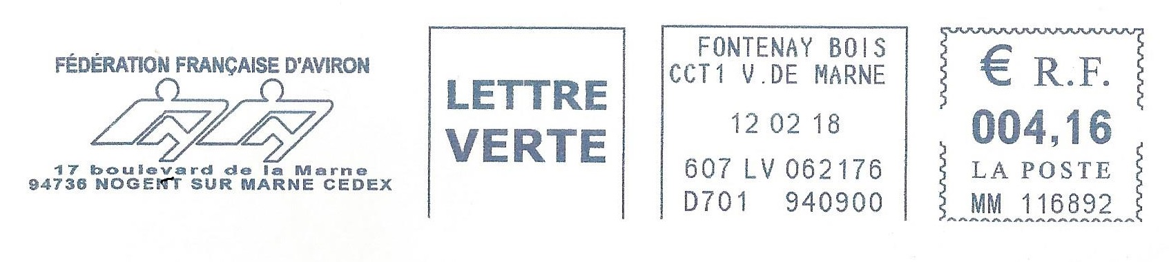 PM FRA 2018 Federation Francaise des Sociétes dAviron blue meter mark with pictogram