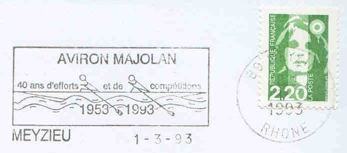 pm fra 1993 march 1st meyzieu aviron majolan 40 years 1953 1993 stylized 2x crew in big waves 