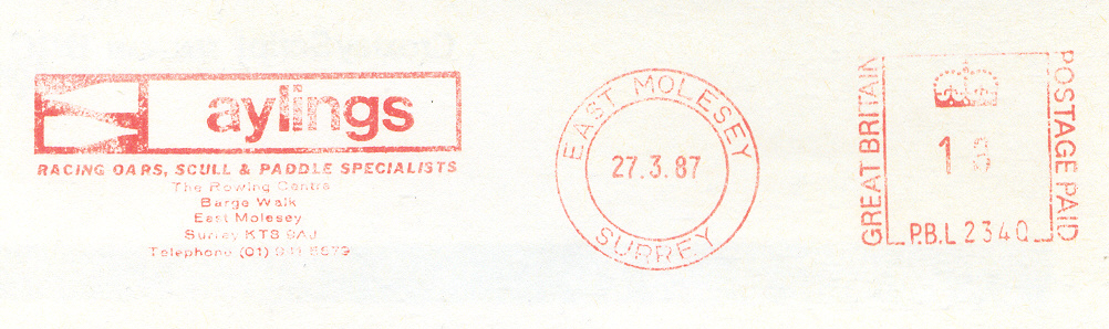 PM GBR 1987 East Molesey Red meter mark Aylings Racing oars scull paddle specialists s