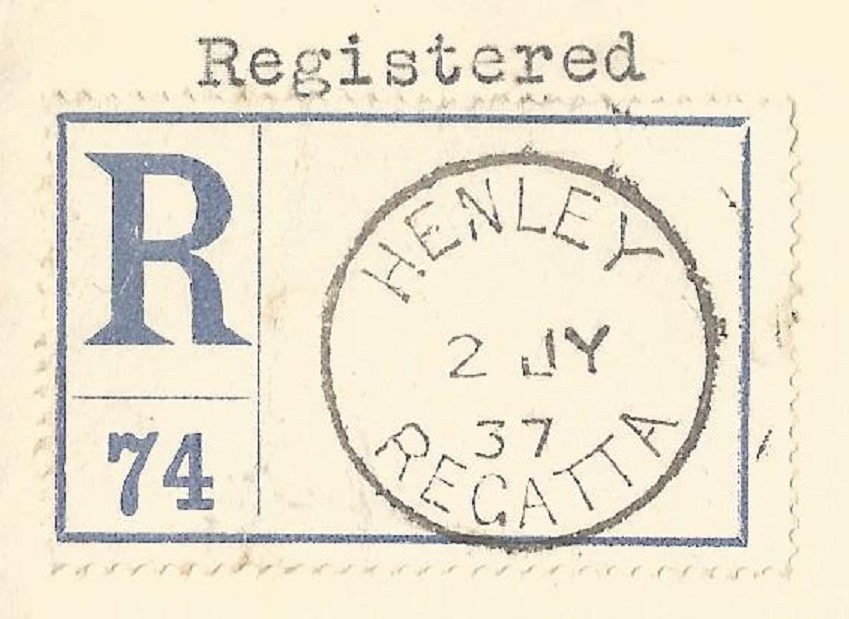 pm gbr 1937 july 2nd henley regatta on registered letter label no. 74