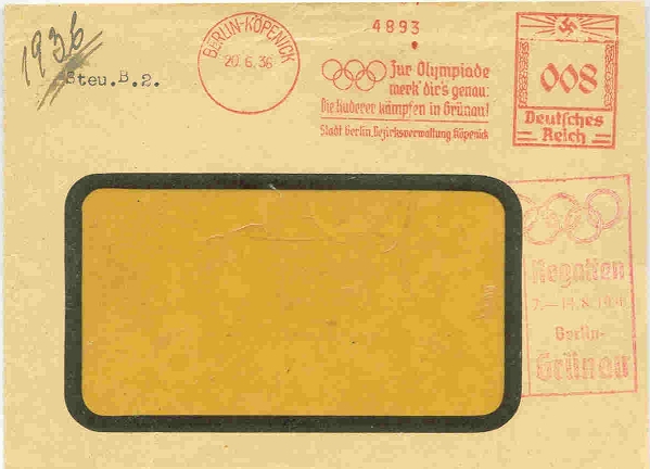 PM GER 1936 OG Berlin red meter mark Die Ruderer kaempfen in Gruenau with red cachet Regatten 7. 14.8.1936 Berlin Gruenau 