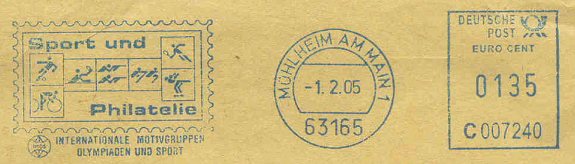 PM GER 2005 Febr. 1st Mülheim am Main blue meter cancel Sport und Philatelie IMOS pictogram