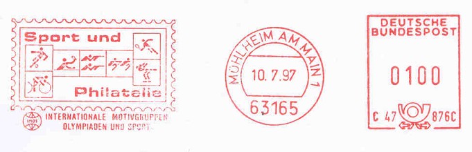 pm ger 1997 july 10th muelheim am main red meter mark imos sport und philatelie 2x pictogram 
