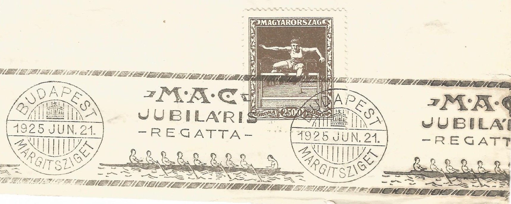 PM HUN 1925 June 21st Budapest MAC Jubilaris Regatta on 2500 K. stamp