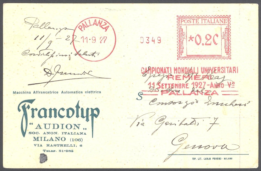 pm ita 1927 sept. 11th pallanza red meter mark university world rowing championships