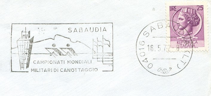 pm ita 1972 sabaudia campionali mondiali militari di canottaggio 2x pictogram with tower and flags 