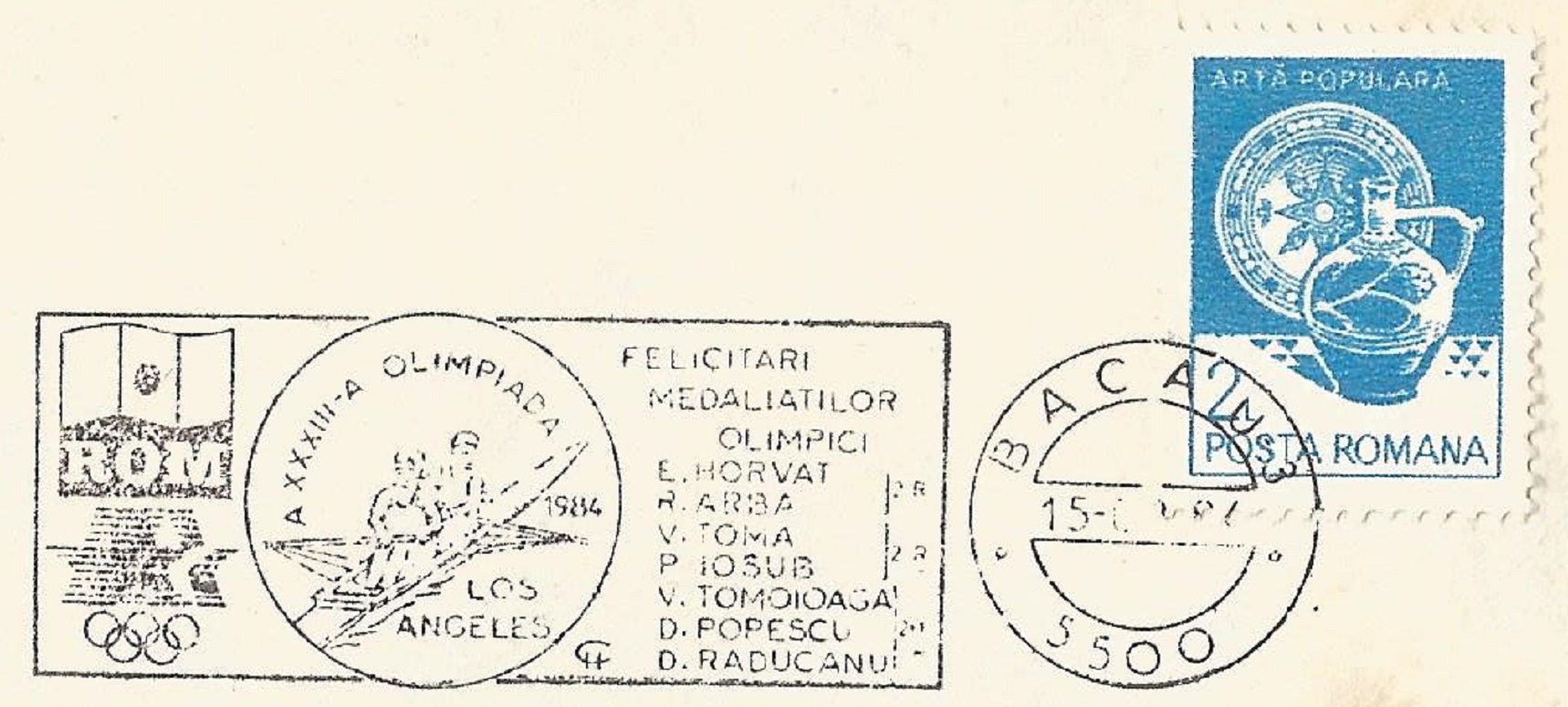 PM ROU 1984 Aug. 15th Bacau OG Los Angeles congratulation for two gold snd one silver medal winners