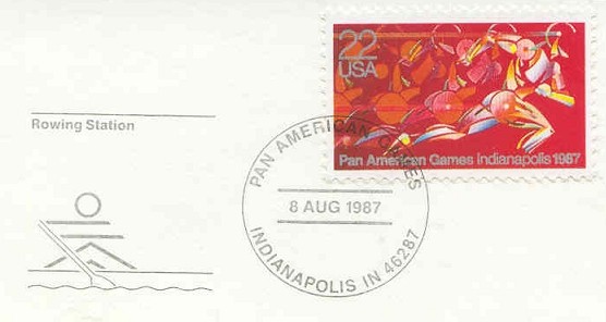 pm usa 1987 aug. 8th indianapolis panamerican games rowing station stylized rower 