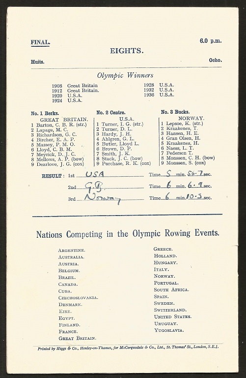 Program GBR 1948 OG London Aug. 9th day of finals Henley results for the M8 event