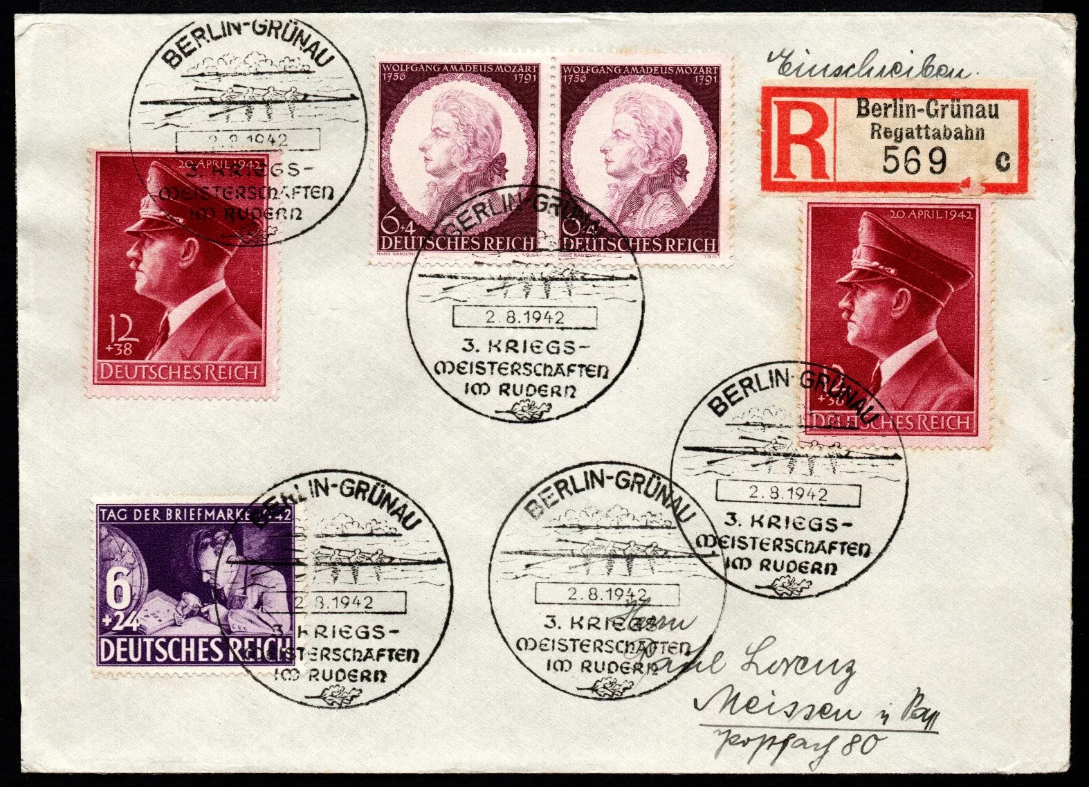 Registered letter GER 1942 Aug. 2nd Berlin Gruenau with registration label Regattabahn 569 c
