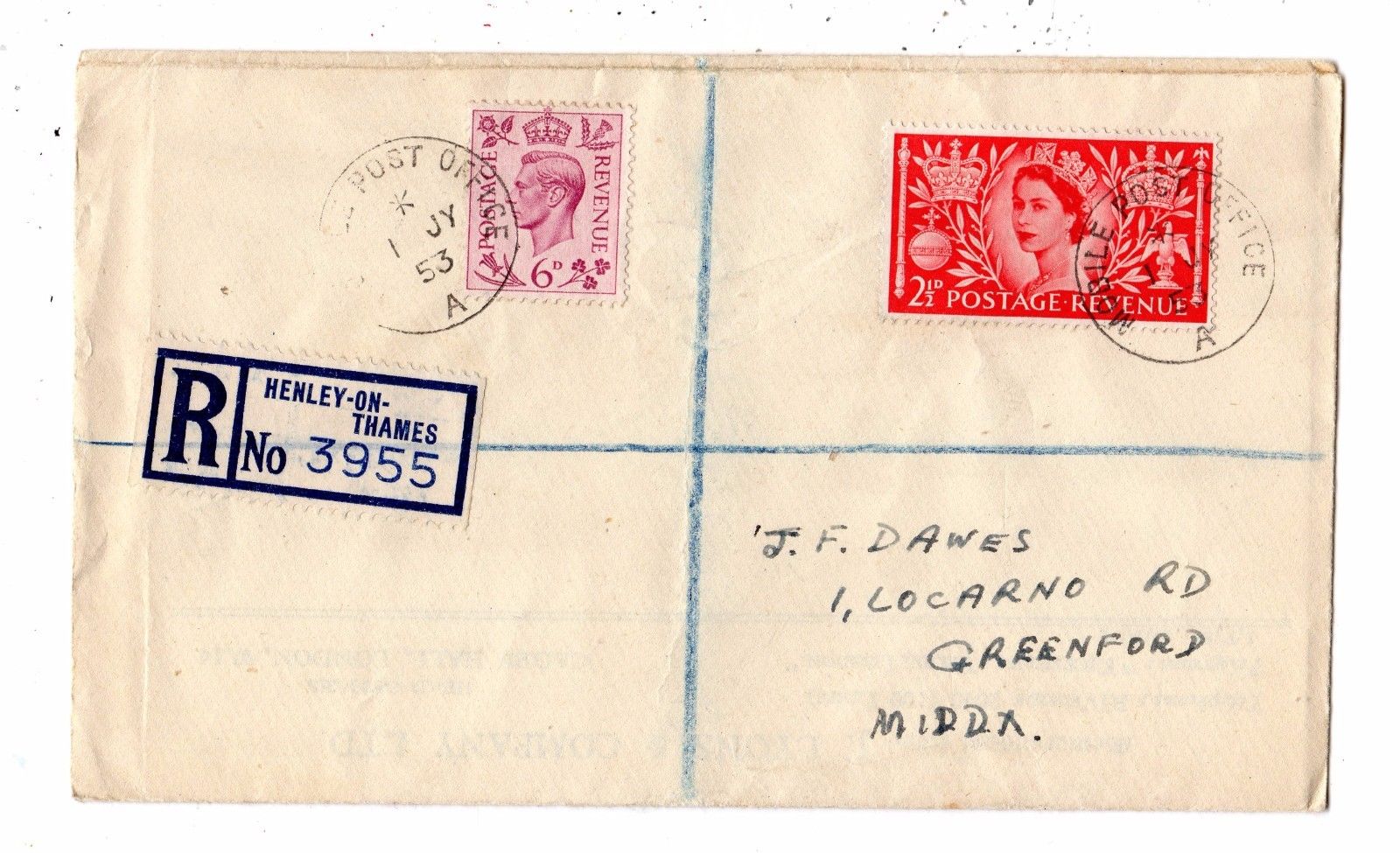 Registered letter GBR 1953 July 1st Henley Mobile Post Office