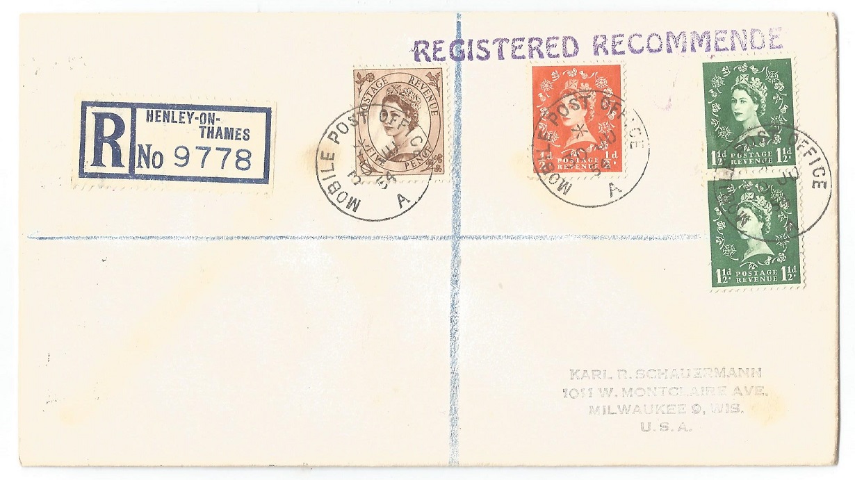 Registered letter GBR 1954 June 30th with PM Mobile Post Office A Henley and registration label Henley on Thames No. 9778