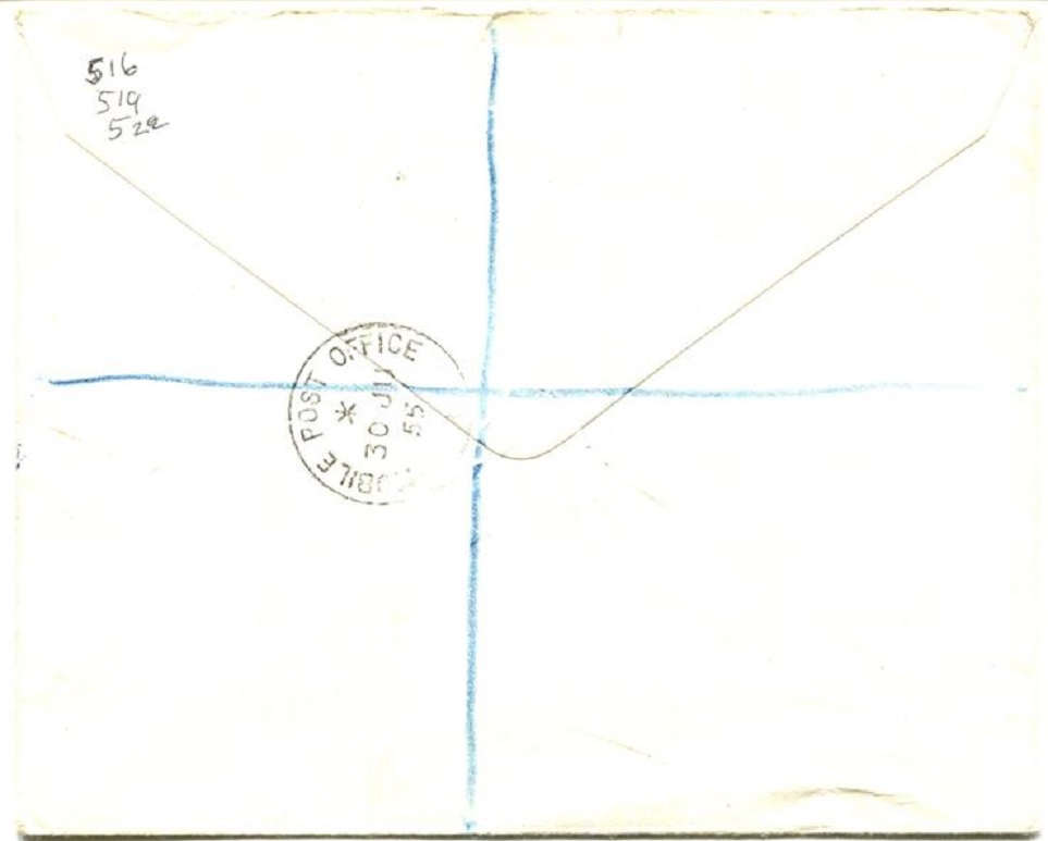 Registered letter GBR 1955 June 30th Henley Mobile Post Office A with registration label Henley on Thames No. 2009 reverse