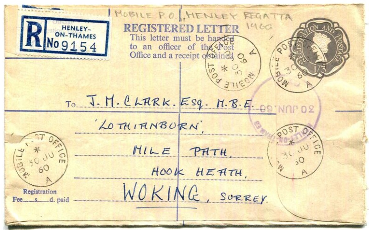 Registered letter GBR 1960 June 30th Henley Mobile Post Office A with registration label Henley on Thames 9154 front